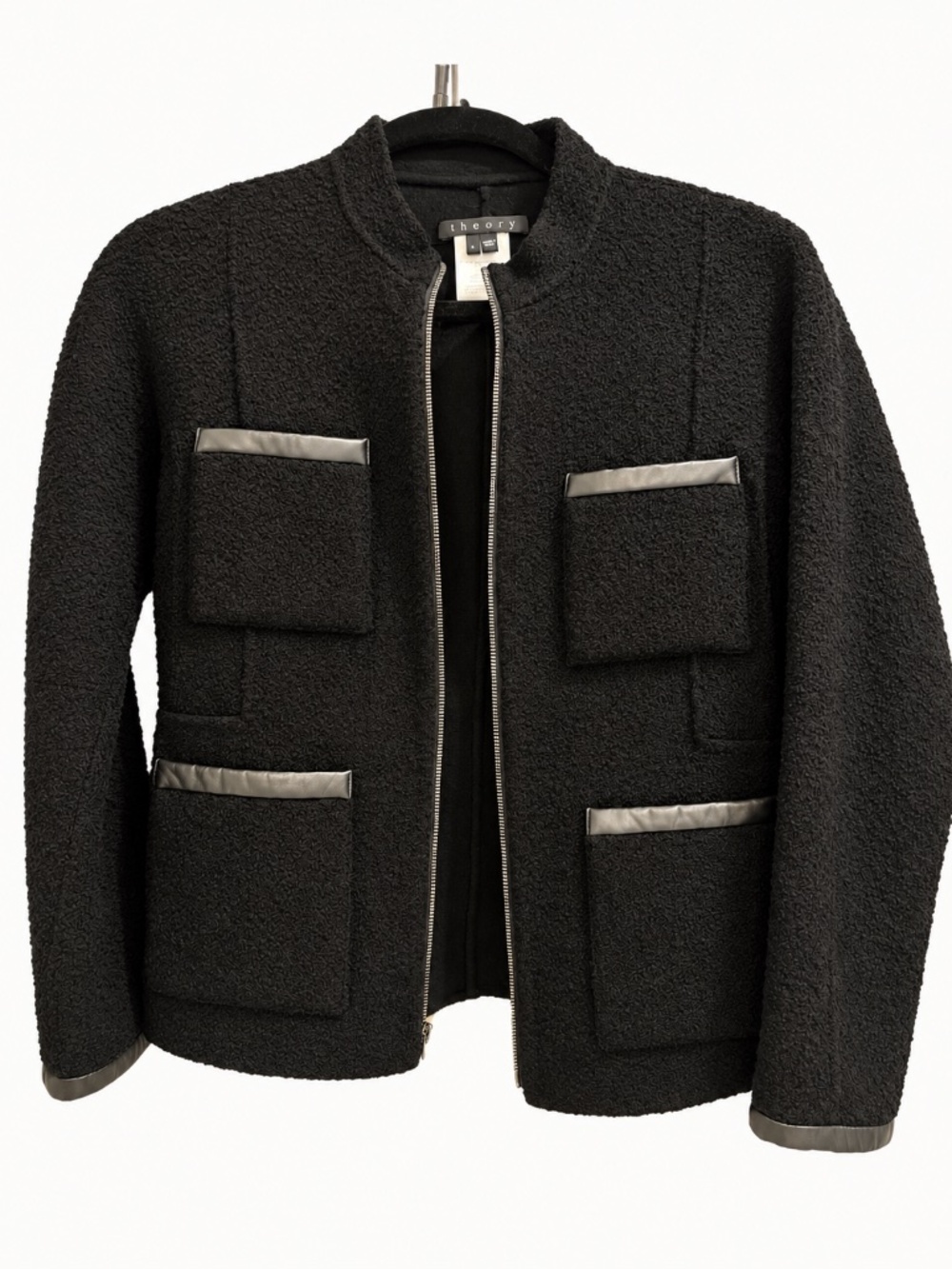 Theory Black Bouclé Tweed Zip Front Jacket Leather Trim Size 6
